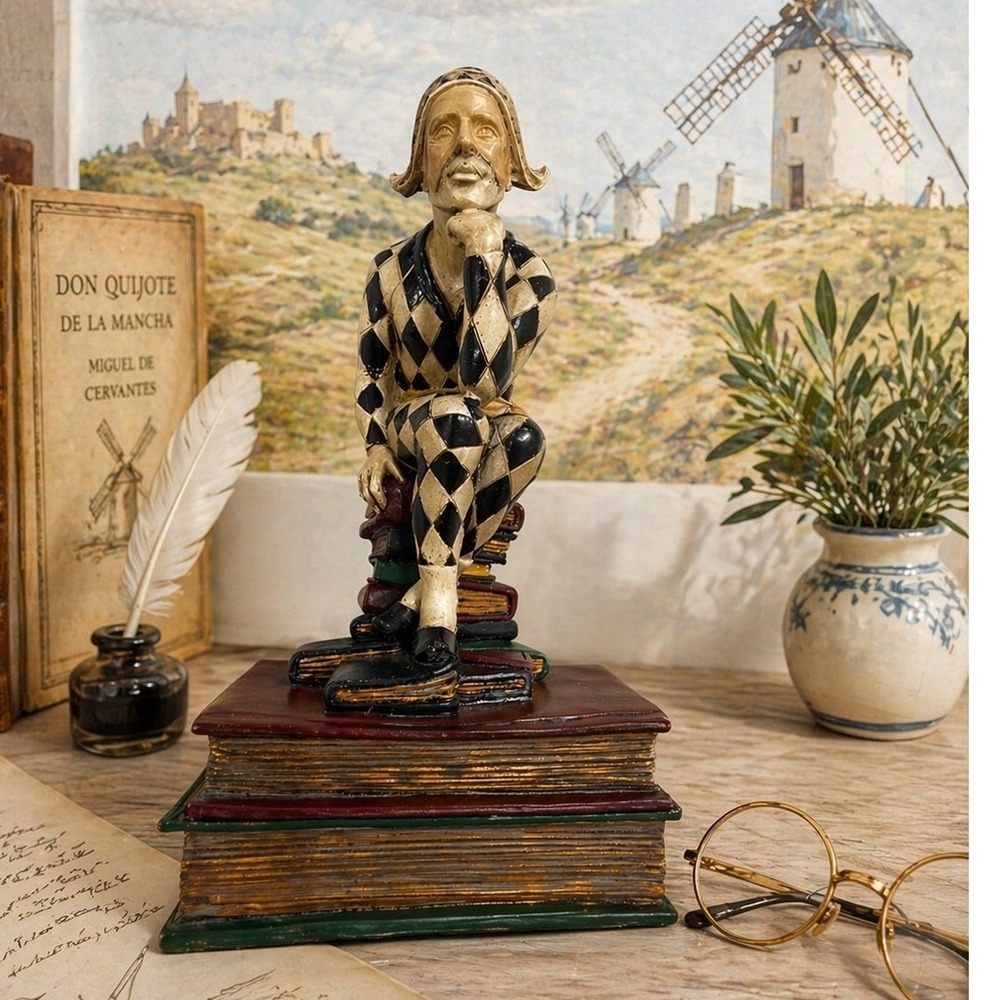 Unbranded Harlequin Jester Figurine Seated on Books Sculpture Black Cream